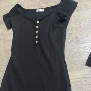 Black Bodycon Mid Length Dress With Gold Buttons- Size M (Fits Sized S people)